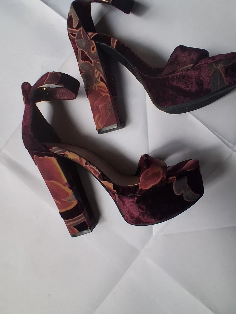 BAMBOO Burgundy Velvet Platform Block Heel Sandals with Floral Accent